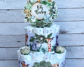 Safari Diaper Cake ,Gender Neutral Baby Shower , Safari Baby Shower Centerpiece Baby Shower Gift, Shower Decoration, Table Centerpiece