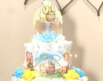 Classic Pooh Diaper Cake Baby Shower Boy with Fairy Light ,Classic Pooh Baby Shower Centerpiece Baby Shower Gift, Table Decoration, 2 Tier