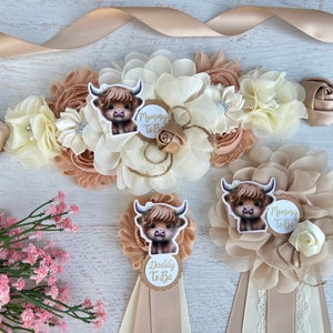 Highland Cow Baby Shower Sash Boy Boho Highland Cow Maternity Sash Highland Baby Shower Sash Pregnancy Sash Mom to be Sash Baby Bump Sash