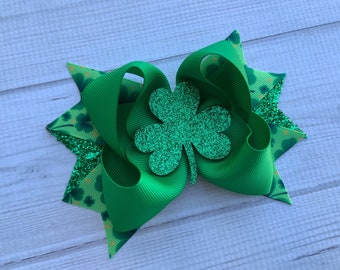 St Patricks Day Hair Bow-St Pattys Day Bow-Boutique Hair Bow-Clover Hair Bow-Clover Bow-Small Double Hairbow