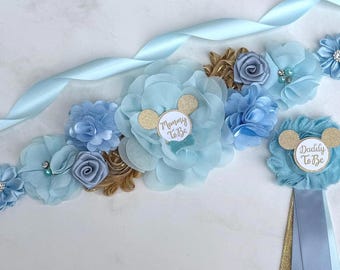 Babyland Baby Shower Maternity Sash, Blue Mickey Corsage