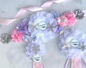 Winter Wonderland Baby Shower Sash: Pink Lavender Snowflake Design