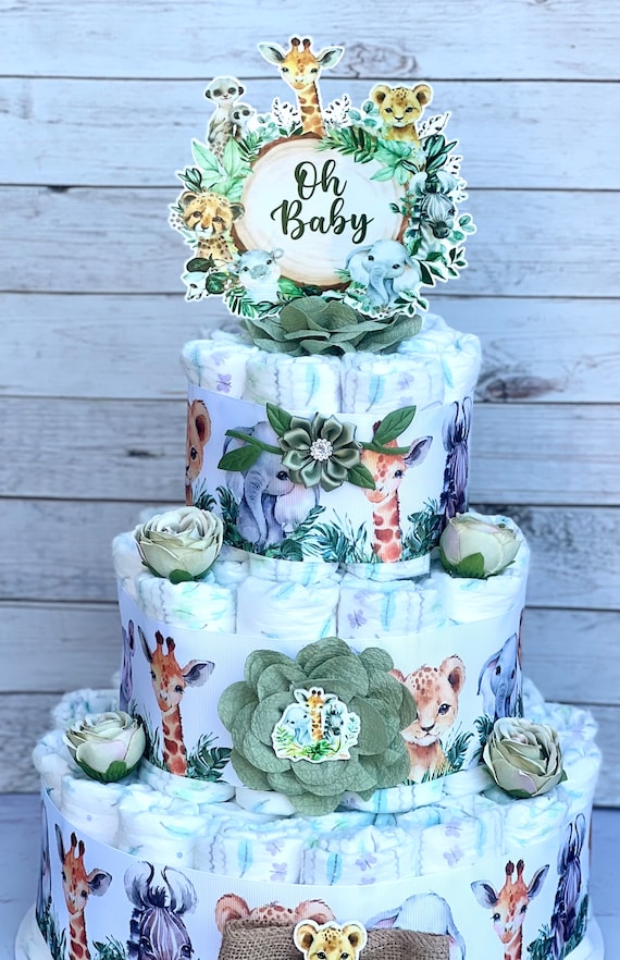 Safari Diaper Cake ,Gender Neutral Baby Shower Safari Baby Shower  Centerpiece Baby Shower Gift, Shower Decoration, Table Centerpiece