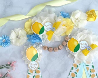 Blue Lemonade Baby Shower Sash Blue Lemonade Maternity Sash, Baby Bump Sash, Mom and Dad Pins, Baby Shower Boy , Baby Shower Sash