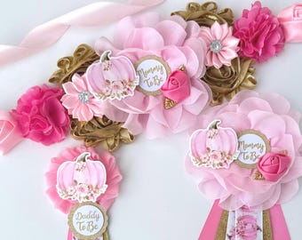 Pink Pumpkin Baby Shower Maternity Sash, Fall Daddy and Family Pins