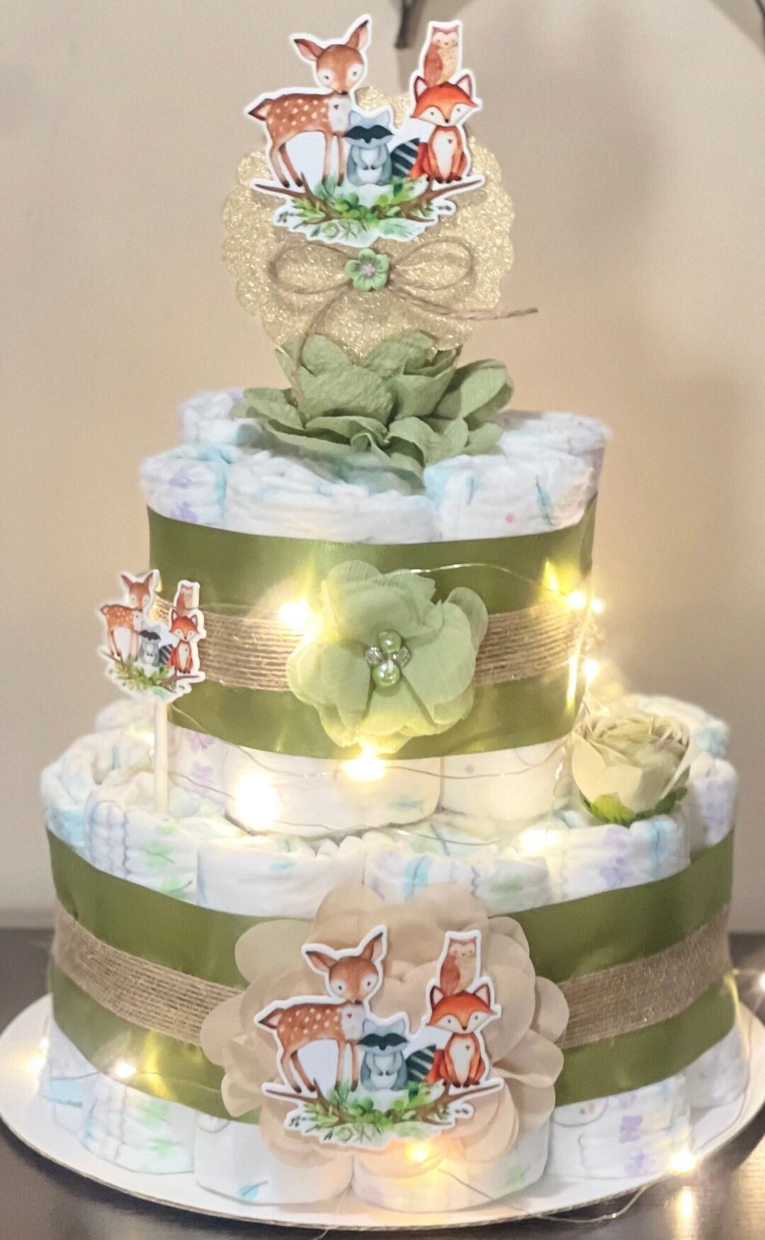 Woodland Diaper Cake With Fairy Light Gender Neutral Baby Shower Il 1080xN.5873631216 Gywe