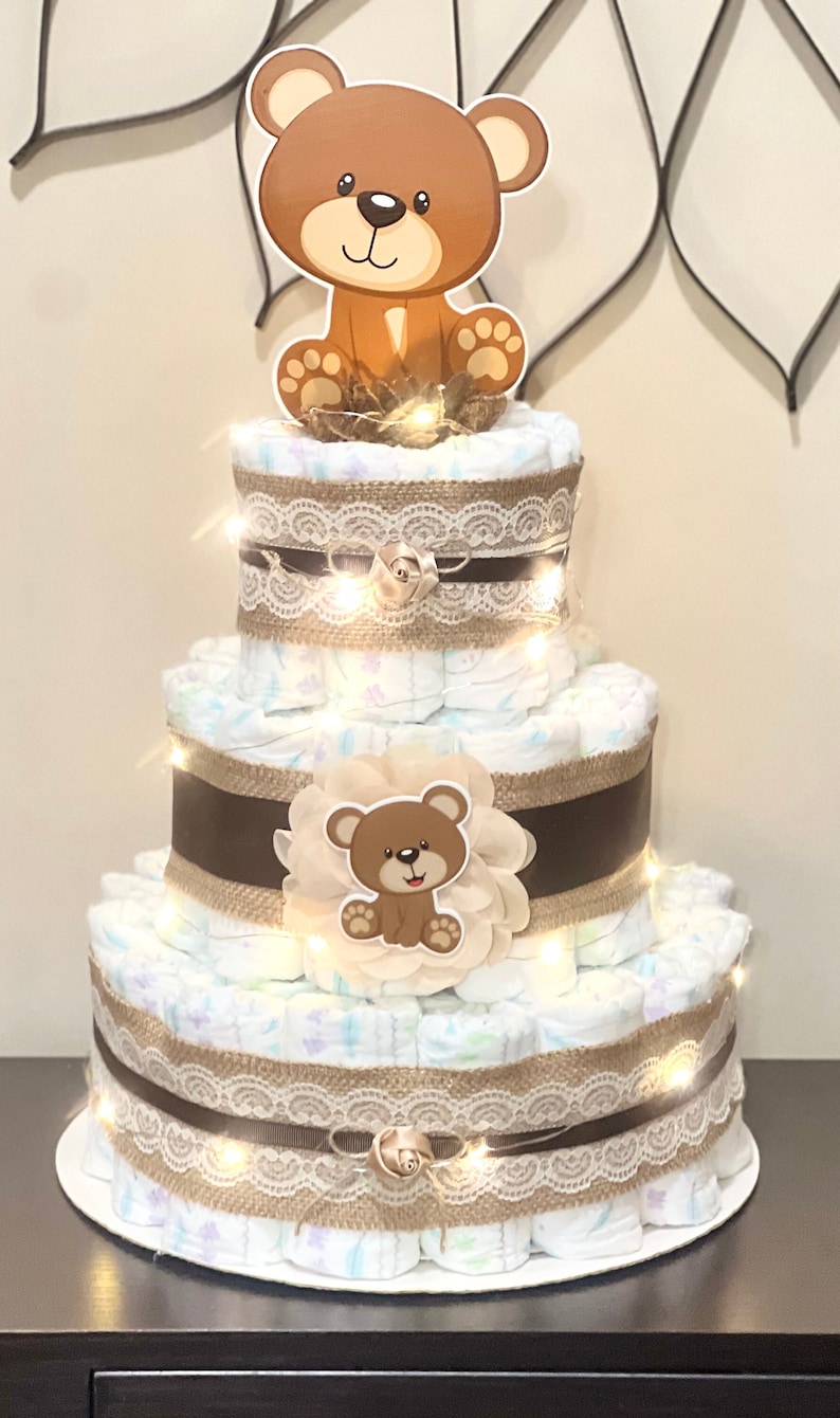 Teddy Bear Diaper Cake With Fairy Lights ,gender Neutral Baby Shower ...