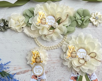 Classic Winnie the Pooh Baby Shower Maternity Sash ,Mommy and Daddy Corsages