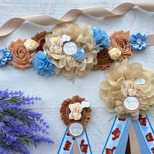 Boho Teddy Bear Baby Shower Sash ,Boho Teddy Bear Maternity Sash ,Baby Shower Boy , Blue Teddy Bear Sash