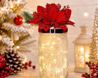 Christmas Mason Jar Centerpieces with Fairy light , Poinsettia /Pine Corns Holiday Table Decor