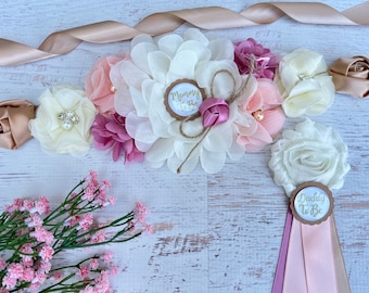 Pink Boho Baby Shower Sash ,Boho Maternity Sash ,Peach Rose Pink Mauve Cream Mommy To Be Sash, Baby Shower Girl , Boho Maternity Belt