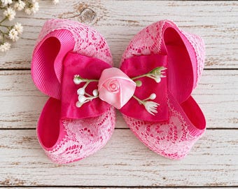 Pink Lace Hair Bow ,Girl Toddler Flower Girl Hair Clip, Wedding Accessories
