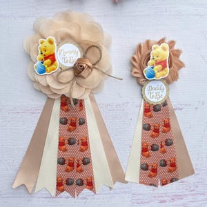 Winnie The Pooh Baby Shower Corsages Winnie The  Pooh Baby Shower Pin Mom & Dad to be Pins Mommy Ribbon Mommy Corsage Gender Neutral Shower