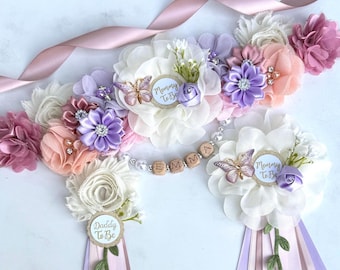 Baby in Bloom Baby Shower Maternity Sash Girl ,Wildflower Butterfly Mom and Dad Corsages