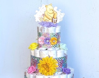 Baby in bloom Classic Pooh Diaper Cake: Floral Spring Baby Shower Centerpiece