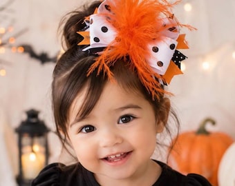 Halloween Over The Top Hair Bow Orange  Black Hair Clip with feather