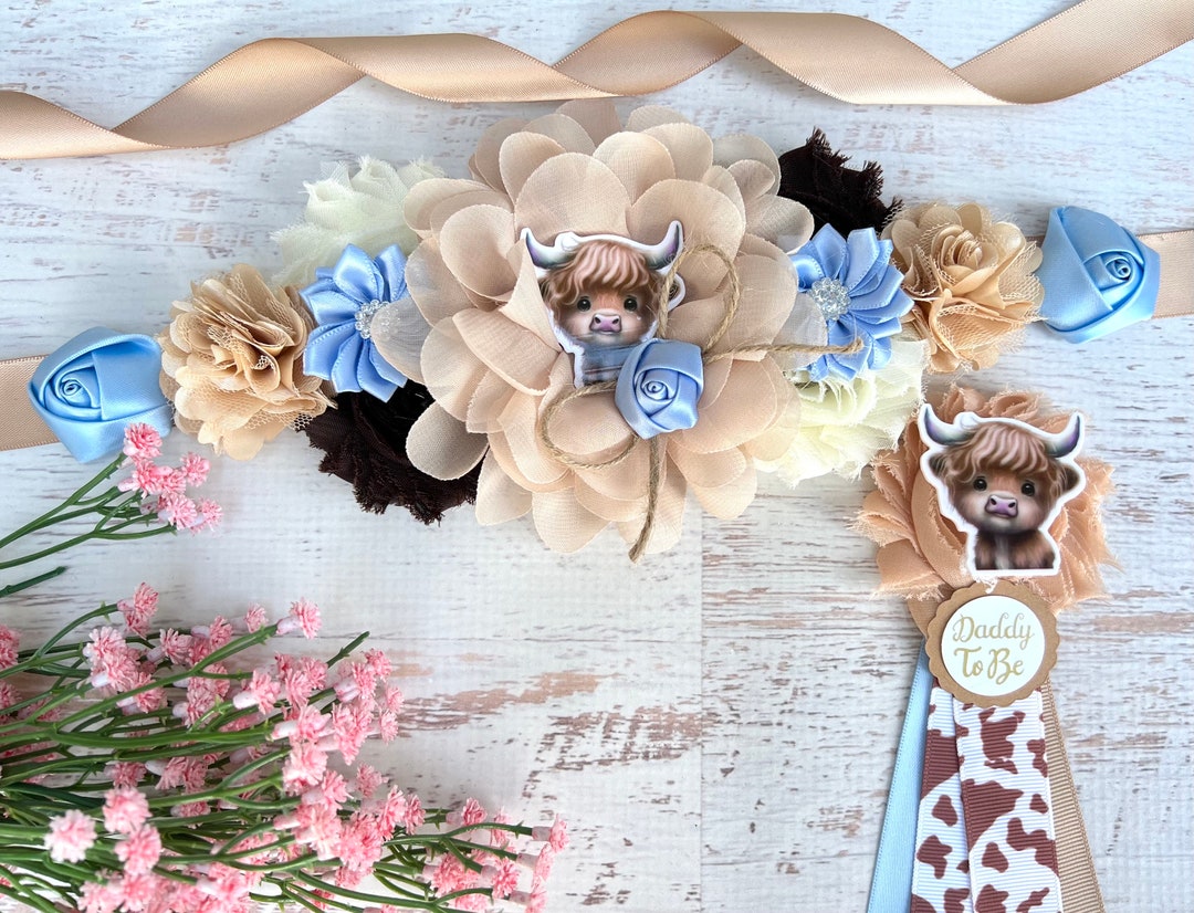 JOYMEMO Blue Highland Cow "Mom To Be" Sash – Satin Baby Shower Sash For Gender Reveal Parties - View #6