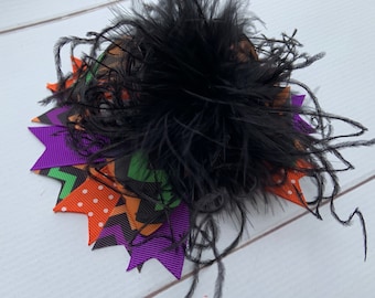 Halloween Over The Top Hair Bow Orange Purple Black Hair Clip with feather