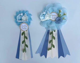 Dusty Blue Pumpkin Baby Shower Corsage , Mom and Dad To Be Pins