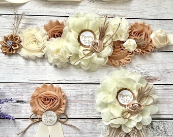 Boho Baby Shower Maternity Sash ,Gender Neutral Corsages, Mom and Dad pins
