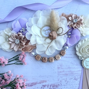 Boho Lavender Baby Shower Sash Boho Maternity Sash Boho Lilac Baby Shower Sash Baby Shower Girl Mommy to be Sash Boho Maternity Belt Dad Pin