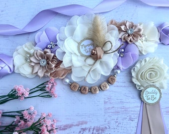 Boho Lavender or Pink Baby Shower Maternity Sash Girl , Dad and Family Pin