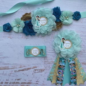 Aqua,Gold ,Turquoise Maternity Sash,Jasmine Maternity Sash,Jasmine Baby Shower Sash,Princess Jasmine Baby Shower Sash & Corsages ,Mommy Sash