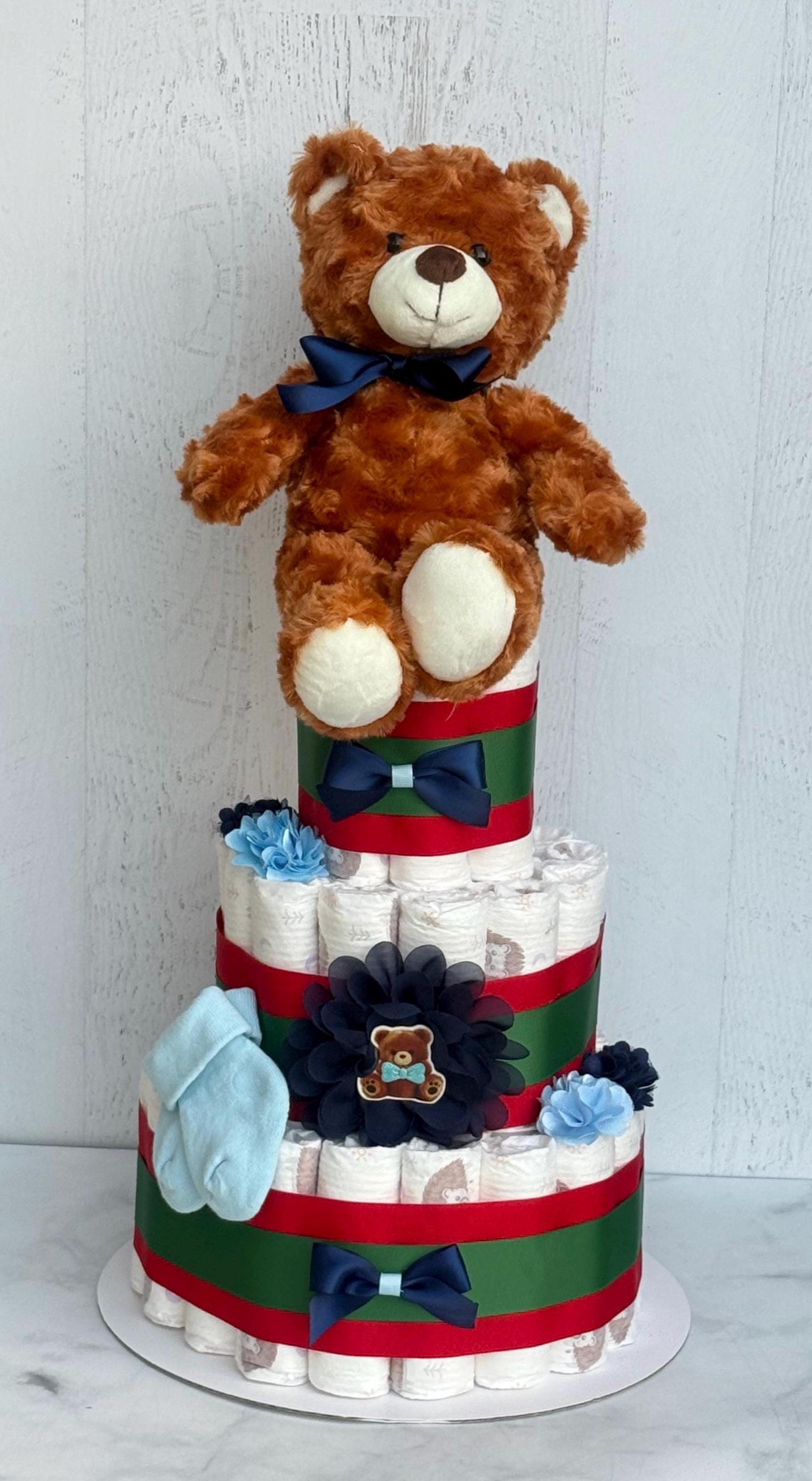 Teddy Bear Diaper Cake – Gender Reveal Baby Shower Centerpiece Gift ...