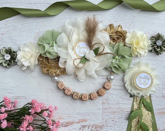 Boho Greenery Baby Shower Greenery Maternity Sash Gender Neutral Corsage Mom Dad Pin