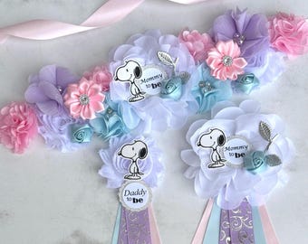 Dog Baby Shower Maternity Sash | Mom, Dad & Family Corsage Pins | Gender Reveal