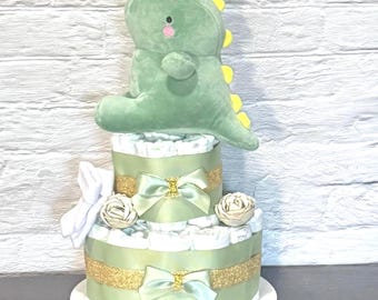 Dinosaur  Diaper Cake, Dino Baby Shower Diaper Cake , Dinosaur Baby Shower Centerpiece, Gender Neutral Baby Shower Decor Gift, 2 Tier Diaper