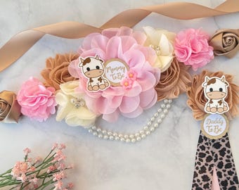 Cow Baby Shower Maternity Sash Girl Pregnancy Sash, Farm Baby Shower Corsage Pin