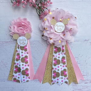 Minnie Mouse Baby Shower Corsage Pink Gold Minnie Mouse Baby Shower Pins Mommy to be Ribbon Mommy and Daddy Pins Minnie Baby Shower