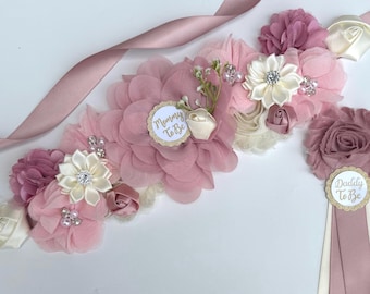 Dusty Pink and Blush Pink Maternity Sash Girl Boho Baby Shower , Daddy Pin