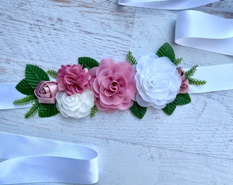 Wedding Sash Belt , Bridal Belt , Dusty Pink Blush White Flower Sash Belt ,Bridal Sash Belt ,Floral Sash Belt ,Flower Sash Belt