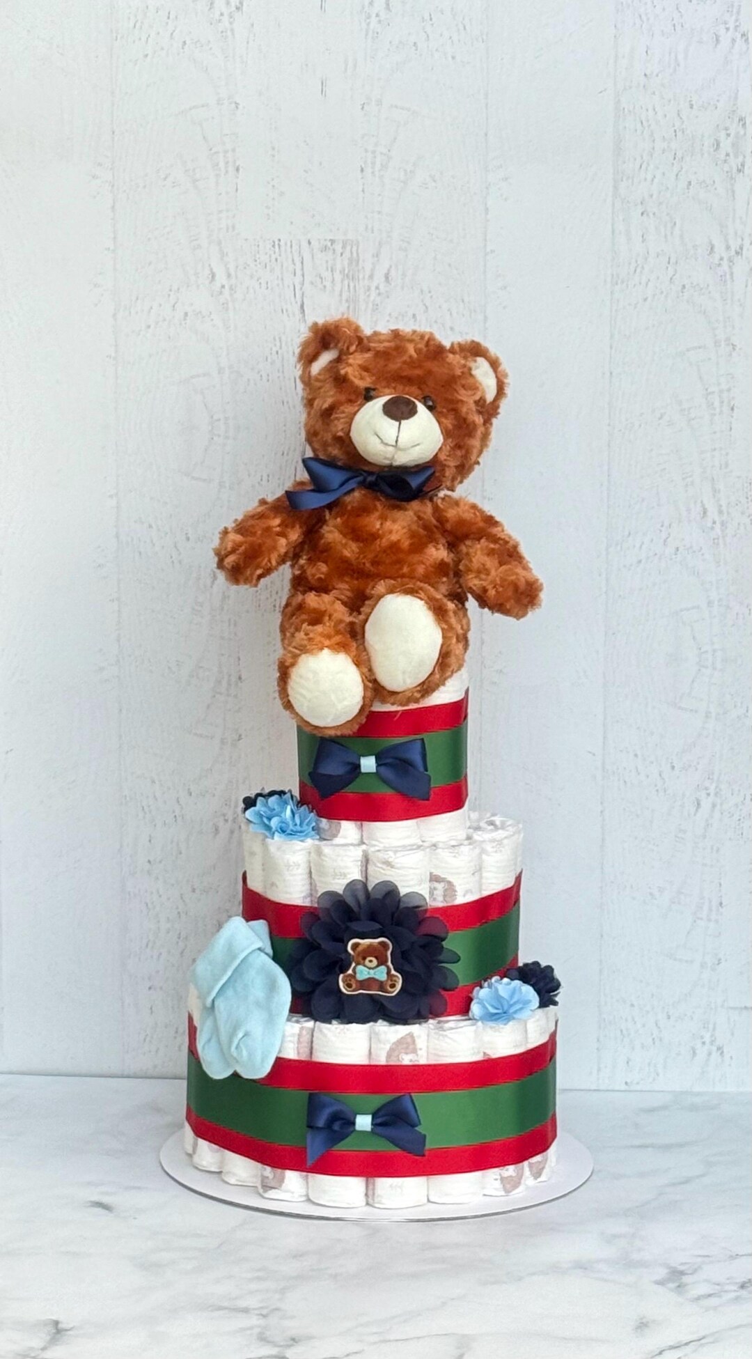 Teddy Bear Diaper Cake – Gender Reveal Baby Shower Centerpiece Gift ...