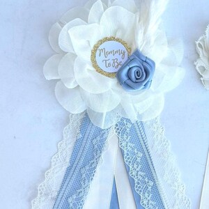 Dusty Blue Boho Baby Shower Maternity Sash Boy, Mommy Daddy and Family Baby Shower Pins, Baby Shower Corsages Bild 4