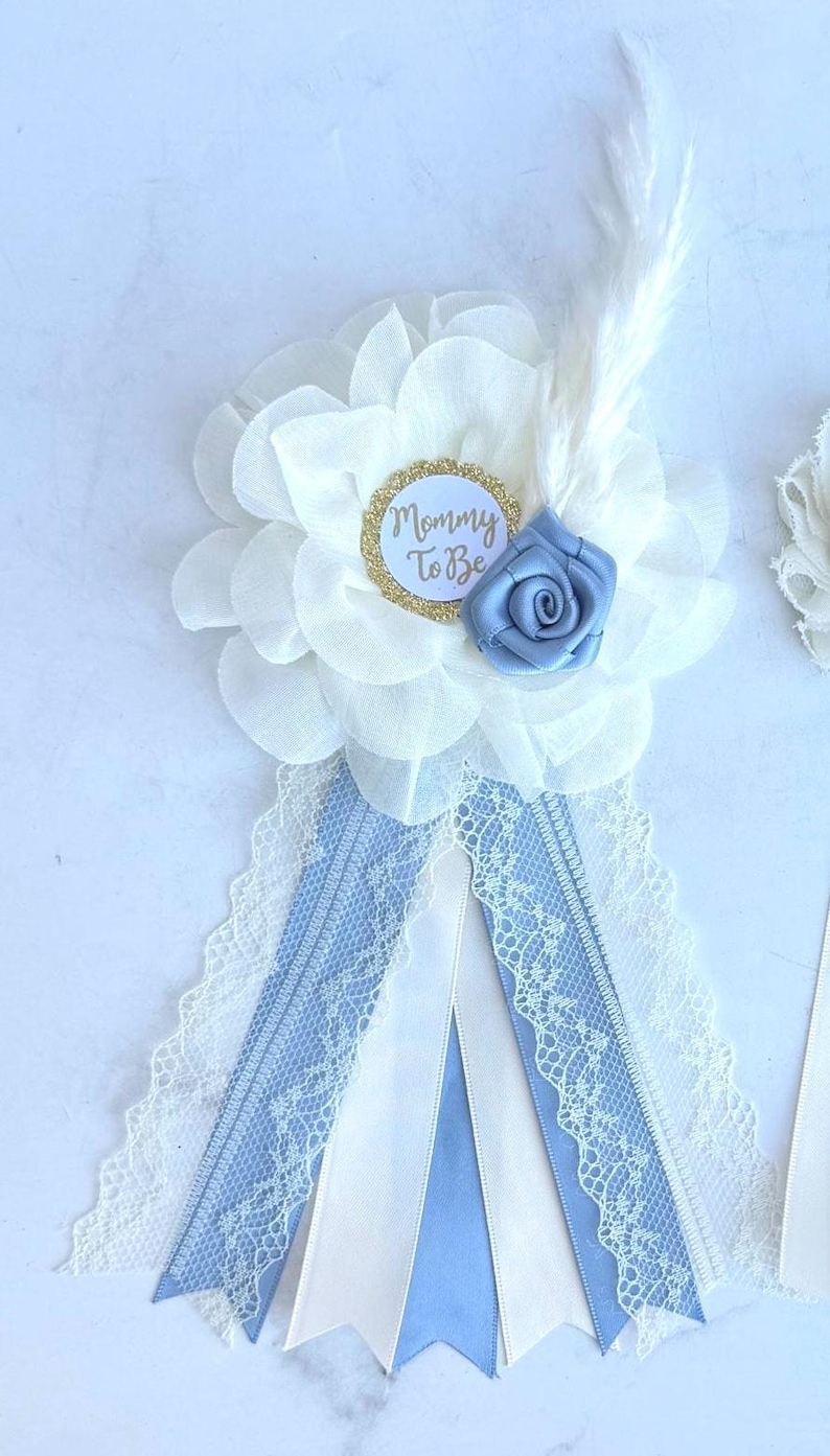 Dusty Blue Boho Baby Shower Maternity Sash Boy, Mommy Daddy and Family Baby Shower Pins, Baby Shower Corsages Bild 4