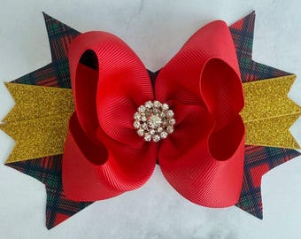 Red Green Gold Plaid Hair Bow: Tartan Christmas Clip