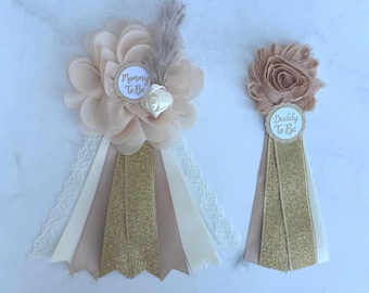 Boho Pampas Grass Baby Shower Corsage , Mom and Dad To Be Pins, Gender Neutral