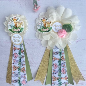 Girl Safari Baby Shower Corsage Jungle Safari Baby Shower Pins Mom Dad Pins Mommy to be Ribbon Mommy Corsage Grandma Pin Baby Shower Girl