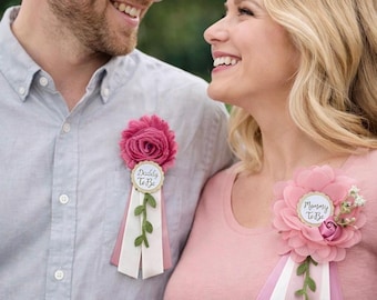 Baby in Bloom Baby Shower Corsage Mom Dad pins ,Wildflower Pins, Vintage Floral Mommy Ribbon