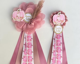 Dusty Pink Pumpkin Baby Shower Corsage for Girl, Fall Mom and Dad Pins, Boutonniere Set