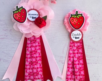 Strawberry Baby Shower Pins Strawberry Baby Shower Girl Baby Shower Corsages Berry Mommy to be Pins Grandma Pins Mommy Ribbon Mommy Corsage