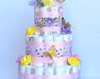 Baby in bloom Diaper Cake, Butterfly Floral Spring Baby Shower Centerpiece