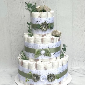 Greenery Eucalyptus Diaper Cake – 3 Tier Baby Shower Centerpiece – Gender Neutral Decoration – Rustic Green Diaper Cake – Baby Shower Gift