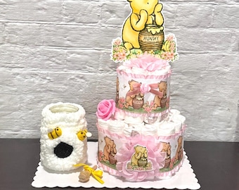 Classic Pooh Diaper Cake & Beehive Mason Jar Baby Shower Centerpiece – Girl Winnie the Pooh Decor