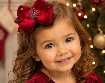 Red Christmas Hair Bow , Glitter Boutique Hair Clip , Holiday Accessories