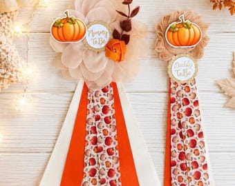 Pumpkin Baby Shower Corsage , Fall Mom and Dad Pins, Gender Neutral Boutonniere Set
