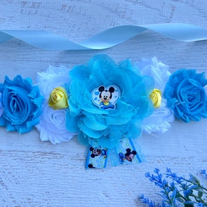 Mickey Mouse Maternity Sash Blue White Mickey Mouse Baby Shower Sash Pregnancy Sash Belt Flower Sash Mom to be Sash Daddy Corsage